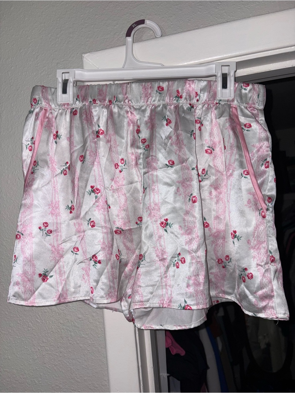 Altar'd State Pink and White Floral Satin Pajama Shorts